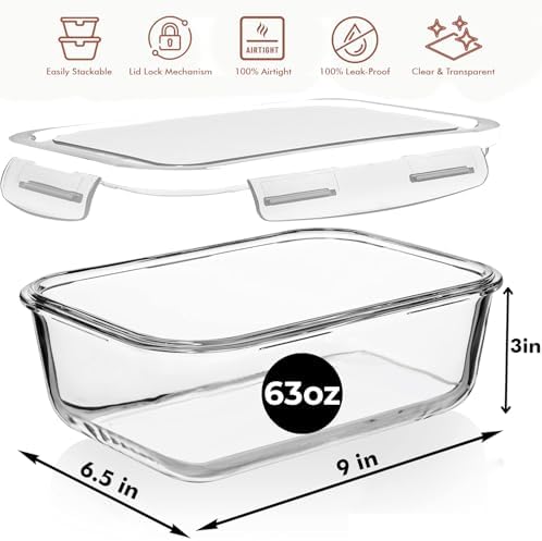 Razab 4 PC 1860ml / 63 Oz / 8 Cups Large Glass Food Storage Containers with Lids - Glass Meal Prep Containers for Roasting & Storing Leftover, Lunch Container with Lids, Microwave & Oven Safe