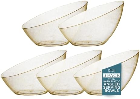 5 Pack Gold Glitter Angled Plastic Serving Bowl Disposable for Party 20oz