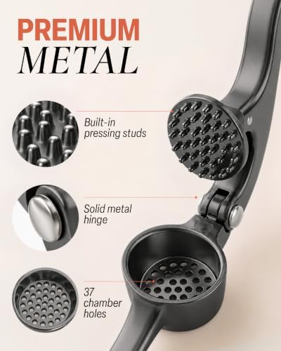 Zulay Kitchen Premium Garlic Press Set - Rust Proof Professional Garlic Mincer Tool - Easy-Squeeze, Easy-Clean with Soft, Ergonomic Handle - Silicone Garlic Peeler & Brush-Dark Gray