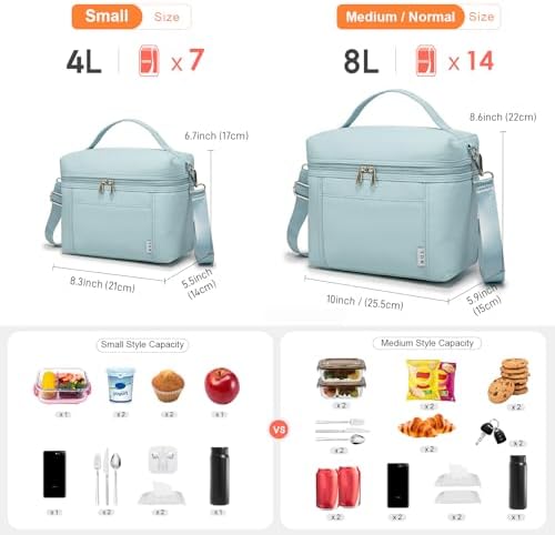 NOL Insulated Lunch Bags for Women Cooler Bag Lightweight Nylon Waterproof Lunch Box for Work Small Light Blue 4L