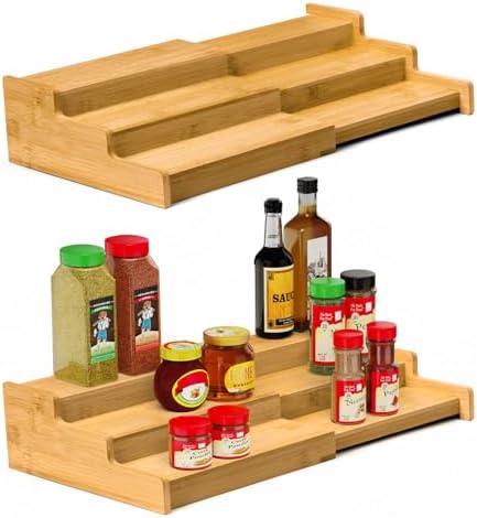 Spice Rack 3-Tier Natural Bamboo, Adjustable Cabinet Organizer Shelf