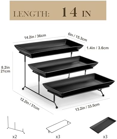 MALACASA 3 Tier Serving Trays for Party, Stoneware Serving Platters and Trays, 14 Inch Tiered Tray Stand, Fruit Tray, Trays for Serving Food, Black Dessert Stand with Collapsible Sturdier Metal Rack