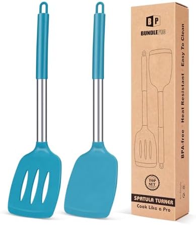 Pack of 2 Silicone Solid Turner, Non Stick Slotted Kitchen Spatulas, High Heat Resistant BPA Free Cooking Utensils, Ideal Cookware for Fish, Eggs, Pancakes(Blue)