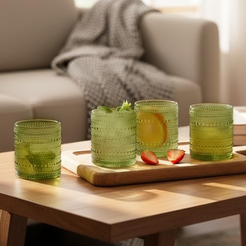 Moretoes 12 Pack 10 Oz Green Vintage Hobnail Drinking Glasses Set
