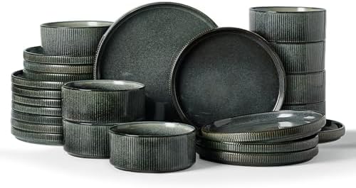 Famiware Star Stoneware Dinnerware Sets for 8, Reactive Glaze Plates, Bowls