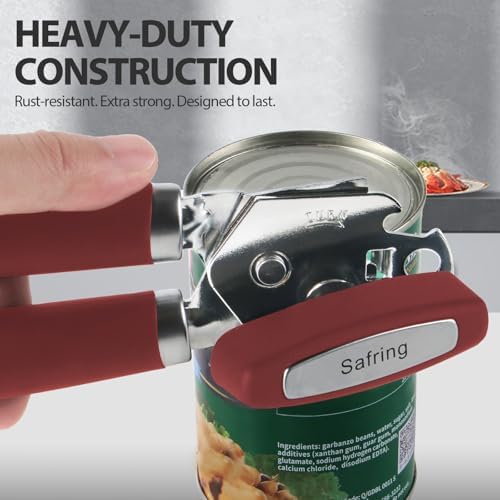 Safring Can Opener Manual, Heavy Duty Handheld Strong Can Opener with Soft Touch Handle, Sharp Blade Smooth Edge, Can Openers with Multifunctional Bottle Opener, Red