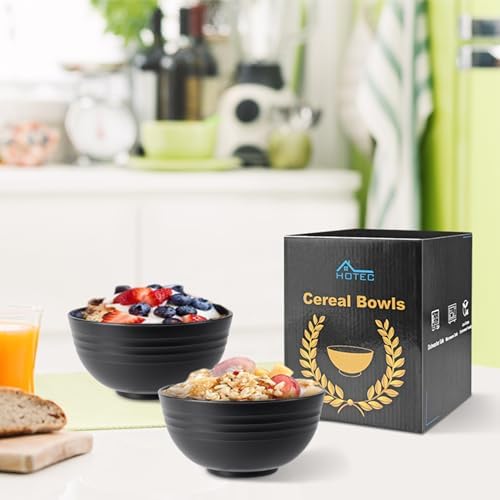 HOTEC 26oz BPA Free Wheat Straw Cereal Plastic Bowls, Set of 8 Black