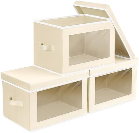 Homsorout Fabric Storage Bins with Lids, Storage Cubes with Window, Decorative Storage Boxes Baskets for Organizing, Closet Organizer Storage Bins for Home, Office, 3 Packs, Beige