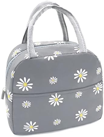 Sonuimy Insulated Lunch Bag Women, Reusable Cute Tote Lunch Box Grey/White