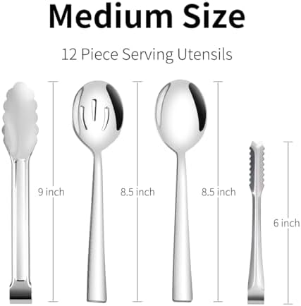 12 Piece Serving Utensils, Amafox Stainless Steel Serving Utensils Set Include Large Spoons, Slotted Spoons, Ktichen Tongs, Ice Tongs for Party Buffet Catering Banquet (Silver)