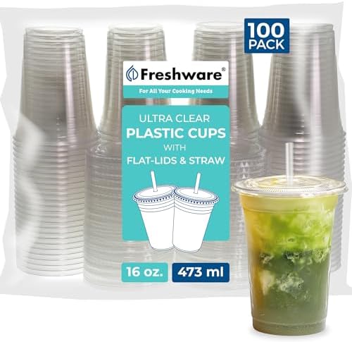 Freshware Clear Plastic Cups with Flat Lids and Straws [100 Cups - 16 oz] Disposable Cup for Iced Coffee, Smoothie, Milkshake, Cold Drinks, Translucent