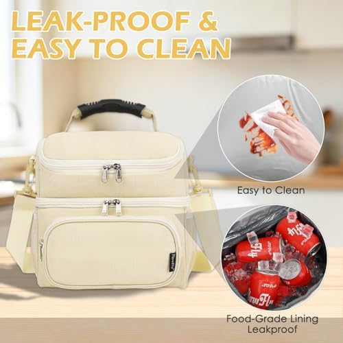 FlowFly Double Layer Cooler Insulated Lunch Bag Adult Lunch Box Large Tote Bag for Men, Women, With Adjustable Strap,Front Pocket and Dual Large Mesh Side Pockets