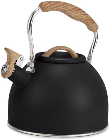 Tea Kettle, Vegoran 100 OZ / 3 Liter Whistling Tea Kettle, Tea Pots for Stove Top Food Grade Stainless Steel with Wood Pattern Folding Handle, Loud Whistle Kettle for Tea, Coffee, Milk (Black)