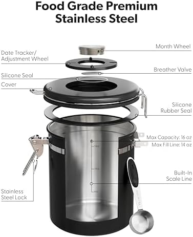 Veken Coffee Canister with Window,Airtight Stainless Steel Compact Jar,16OZ