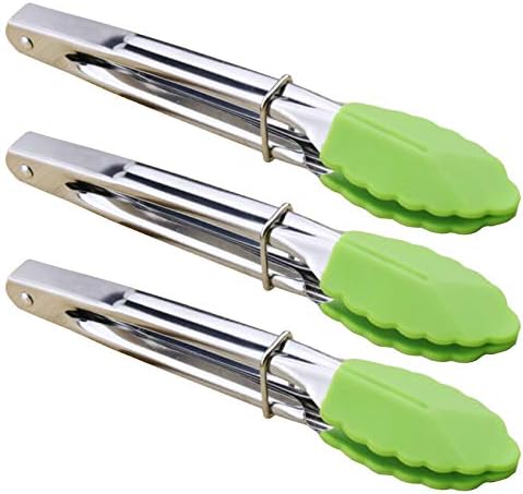 HINMAY 7" Mini Tongs with Silicone Tips, Set of 3 (Green)