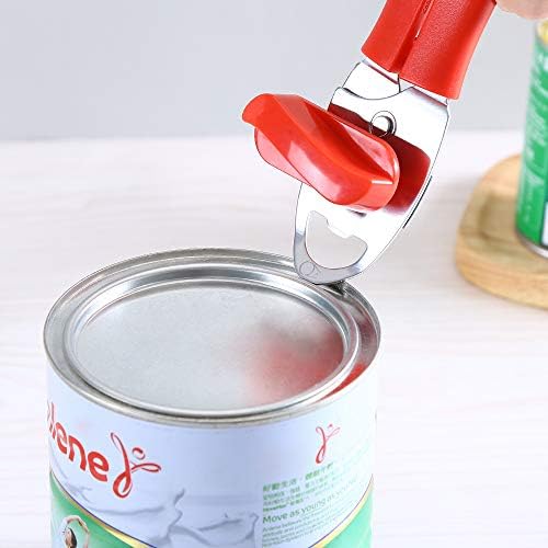 Can Opener Manual 4 in 1, Handheld Can Opener Bottle Opener Safe Cut and Smooth Edge with Ergonomic Grip Large Turn Knob Great for Seniors with Arthritis (Red)