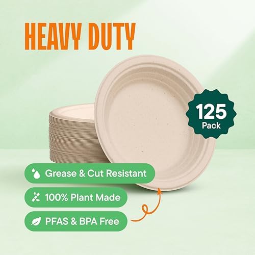 100% Compostable Deep Dish Plates - 9 Inch [125-Pack] Heavy Duty Brown