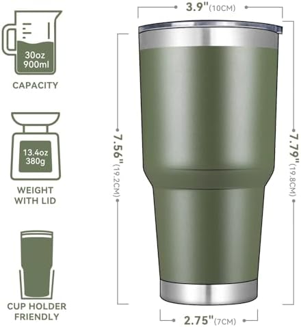 DOMICARE 30oz Tumbler Bulk with Lid and Straw, Double Wall Travel Coffee Mug, Insulated Vacuum Stainless Steel Tumblers, Powder Coated Tumbler Cup (Army Green, 8)