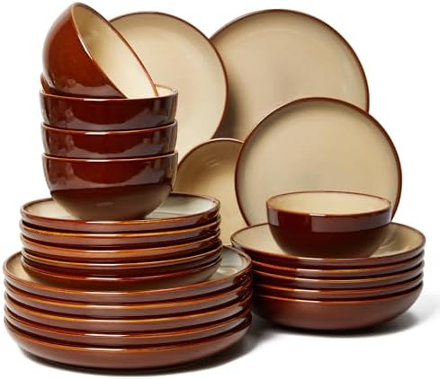 Pokini Stoneware Dinnerware Sets for 6, 24pcs Plates and Bowls Sets Dishes