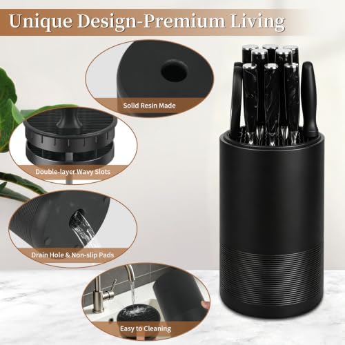 Universal Knife Block Without Knives,Sandstone Look,Round Knife Holder with Slots for Scissors & Sharpening Rod,Safe Space Saver Knife Storage Stand,Detachable Knife Organizer- Matte Balck
