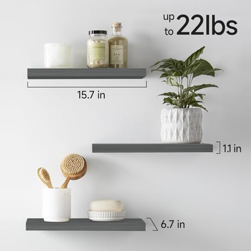 BAYKA Grey Floating Shelves 15.7in, Set of 3, Wall Mounted for Wall Decor