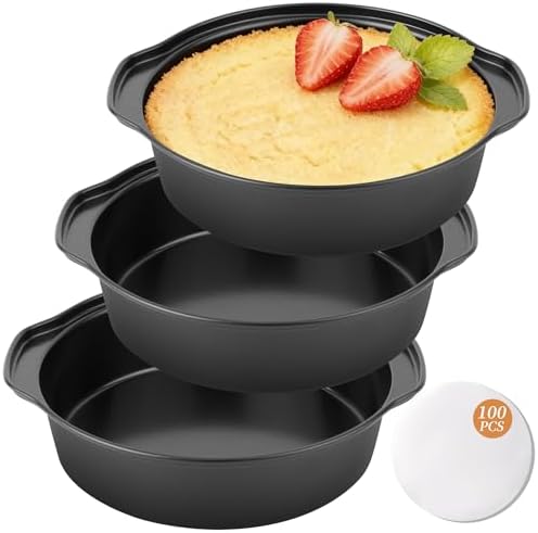BEWOS 6 Inch Cake Pan Set - 3 Pcs Carbon Steel Round Cake Pans with 100 Pcs Parchment Paper, Round Cake Pans, Nonstick Baking Pans Set with Handle, Dishwasher Safe