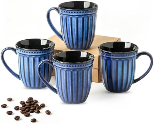 HASENSE 16oz Ceramic Coffee Mugs Set of 4, Vertical Stripe Mugs with Handle