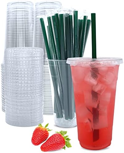 Aatriet 24 oz Clear Plastic Cups with Lids and Straws, Disposable Coffee Cups 25 Sets