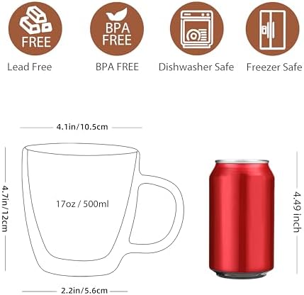CNGLASS Large Double Wall Glass Coffee Mug 17 oz,Insulated Glass Coffee Cups with Handle,Set of 2