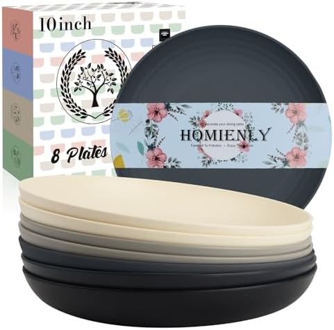 Homienly Premium Wheat Straw Dinner Plates, Reusable 8 PCS Unbreakable Plates 10 inch Plate Set, Alternative Plastic Plate Microwave and Dishwasher Safe Plates Set for Home - GreyStone