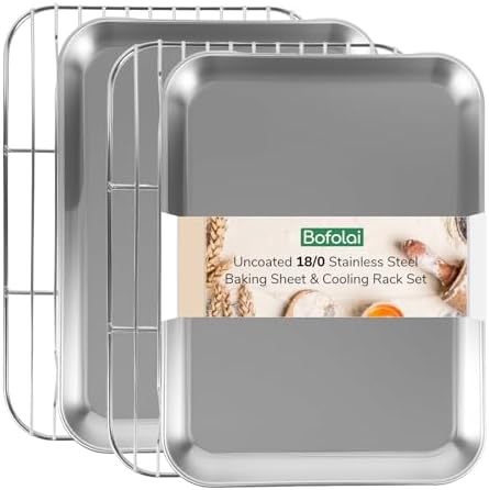 18/0 Stainless Steel Baking Sheet with Cooling Rack, Oven-Safe Non-Toxic Cookie Sheets for Baking, Set of 4, Coating Free & Rust Resistant for Healthy Family Baking, Easy to Clean, Heavy-Duty
