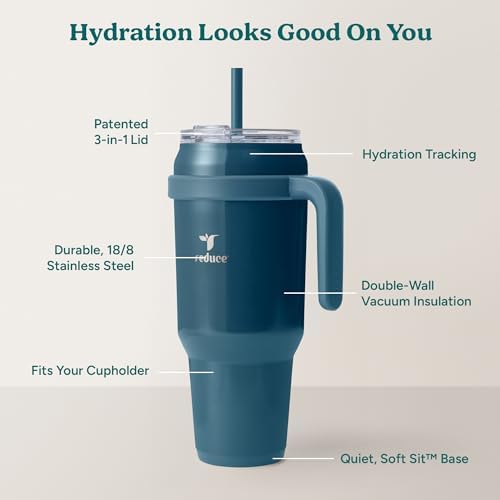 REDUCE 50 oz Stainless Steel Tumbler with Handle - Dual-Wall Vacuum Insulated Travel Mug, Sweat-Proof Lid & Reusable Straw - Keeps Drinks Cold for 24 Hrs, Fits Cupholders, Dishwasher Safe - Dark Web