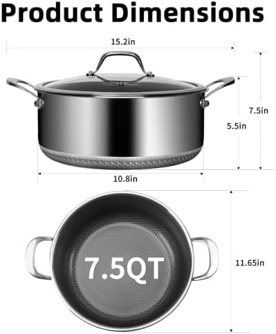 Hybrid Nonstick 7.5 QT Stockpot with Lid, Stainless Steel Stockpot with Honeycomb Texture,Compatible with All Cooktops,Dishwasher and Oven Safe