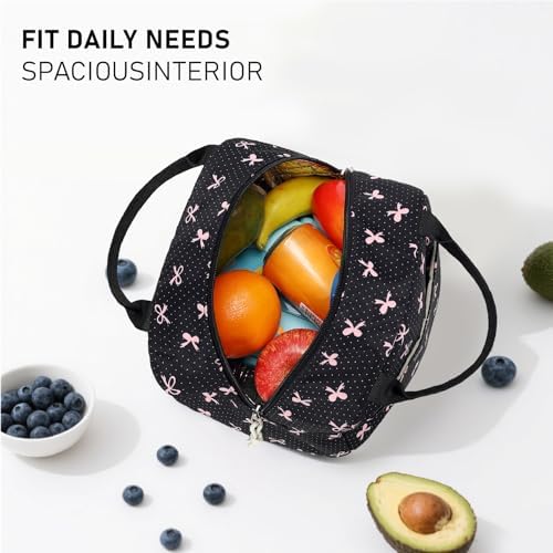 Bluboon Lunch Box for Women Cute Lunch Bag Reusable Insulated Lunch Bags Large Capacity Lunchbox Cooler for Work Picnic or Travel Gifts (Pink Bow Black 6, 10 x 7.5 x 8 inches)