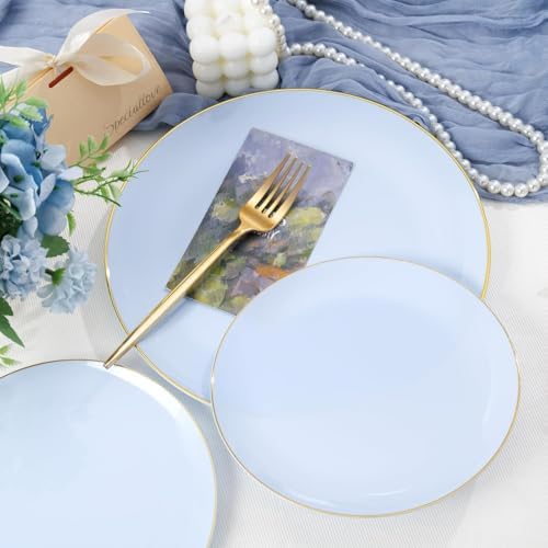PULOTE 100PCS Blue Plastic Plates - Disposable Light Blue Include 50 Dinner & 50 Dessert/Salad Plates for Party, Wedding & Birthday