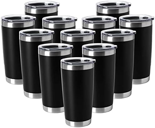 HASLE OUTFITTERS 20oz Tumblers Stainless Steel Mugs with Lid Double Wall Vacuum Insulated Coffee Cups for Cold & Hot Drinks (20oz-Black, 12 Pack)