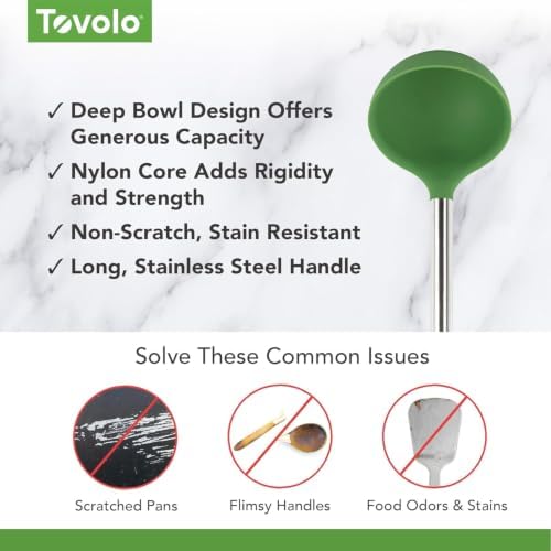Tovolo Silicone Ladle With Stainless Steel Handle Deep Soup Ladle for Cooking Canning Serving Soup Punch Stew Sauce, Large Kitchen Utensil Spoon Dishwasher Safe BPA Free Silicone Pesto Green
