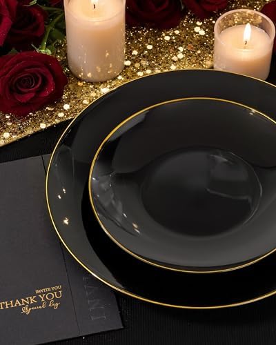 Nervure 100PCS Black and Gold Plastic Plates 10.25″Disposable Dinner Plate