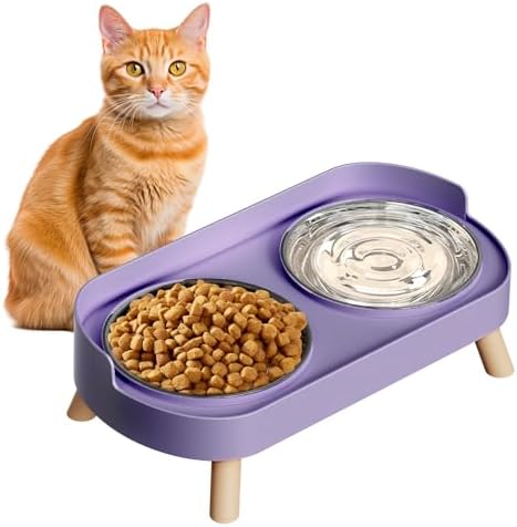 Elevated Cat Bowl, Raised Cat Food and Water Bowl Set for Indoor Cats, Splash Proof with 2 Stainless Steel Pet Food Bowls for Cats and Puppies, Whisker Fatigue and Dishwasher Safe - Purple