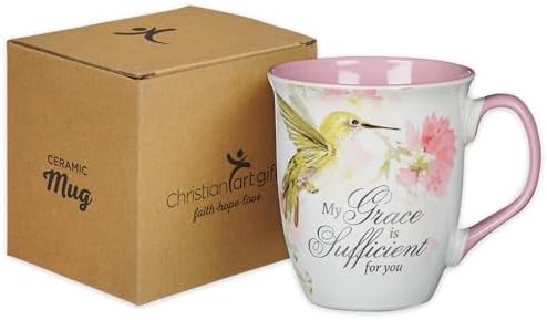 Christian Art Gifts Large Ceramic Inspirational Scripture Coffee & Tea Mug for Women: Grace is Sufficient Silver Bible Verse, Cute Lime Green Hummingbird Novelty Drinkware, White/Pink Floral, 14 oz.
