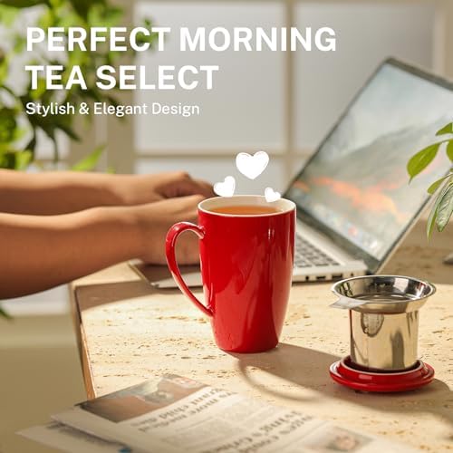Sweese 15 OZ Porcelain Tea Mug with Infuser and Lid, Loose Leaf Tea Cup, Gifts for Tea Lover, Red