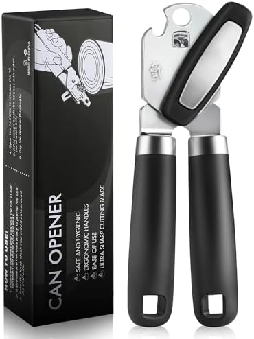 Multifunctional Can Opener Manual, Durable Heavy Duty Handheld Strong Can Opener with Smooth Cutting Edge, Friendly Kitchen Essentials Tool for Seniors, Camping and Bottle Opening-Black
