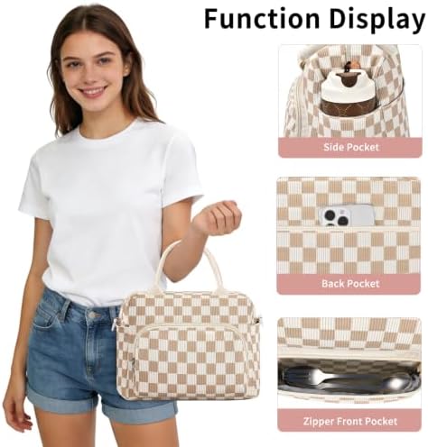 GASSDA Lunch Box for Women Insulated Lunch Bag Women Adult Cute Lunch Bags Reusable Lunchbox Cooler Tote Bag for Work Picnic (Beige-Brown Plaid)