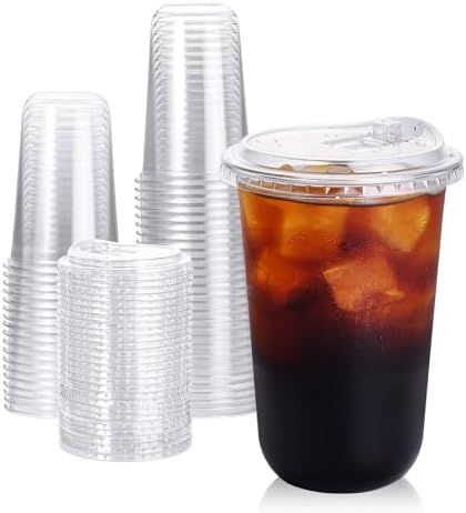 Turbo Bee 16 oz Plastic Cups with Lids, 50 Pack, Iced Coffee Cups with Lids