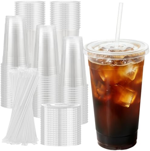 100 Pack 24 oz Disposable Plastic Cups with Lids and Straws