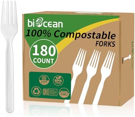 100% Compostable Forks 180 Count Disposable Forks bulk Utensils Set Heavy Duty Fork Silverware Eco Friendly Flatware for Party Camping Picnics Wedding-Ivory White