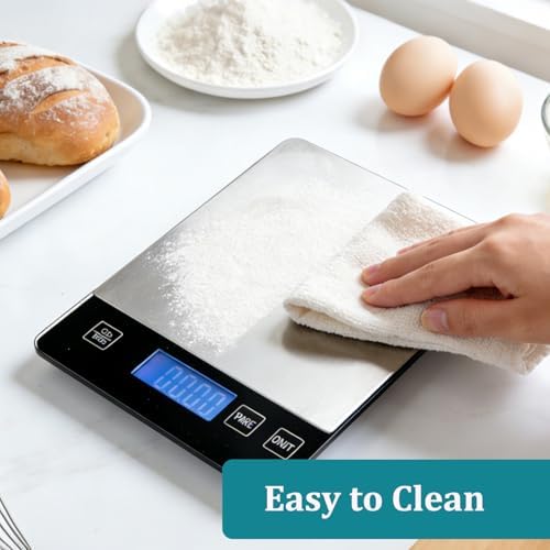 Food Kitchen Scale 15kg/33lb, Digital Grams and Ounces Scale for Weight, Baking, Cooking Platform with Type-C Rechargeable & Backup Battery Mode, 304 Stainless Steel