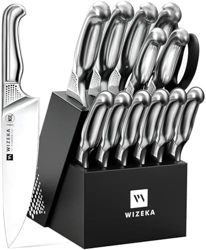 WIZEKA Kitchen Knife Set with Block and Sharpener German Steel 15 Piece