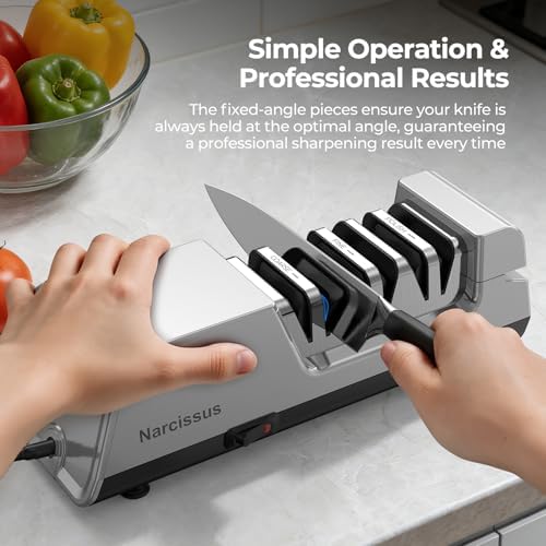 Narcissus Knife Sharpener, 3-Stage Diamond Electric Knife Sharpener for Stainless Steel & Ceramic Kitchen Knives, 40 Seconds Quick Repairing & Polishing, Open Design Port for Scissors Sharpening