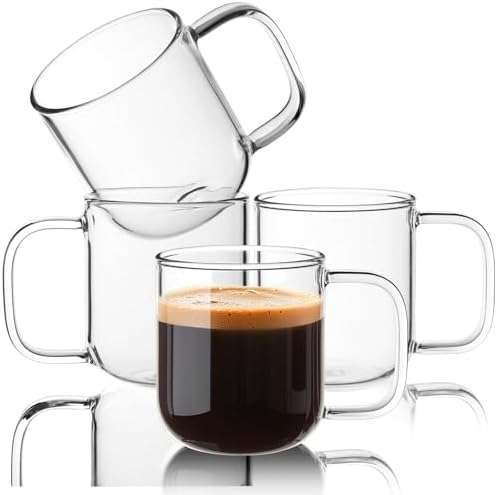 Glass Coffee Mugs, 8 oz iced coffee cups, Clear Tea Cups Set of 4, Glass Mugs with Handles, Glass Cups for Latte, Cappuccino, and Tea